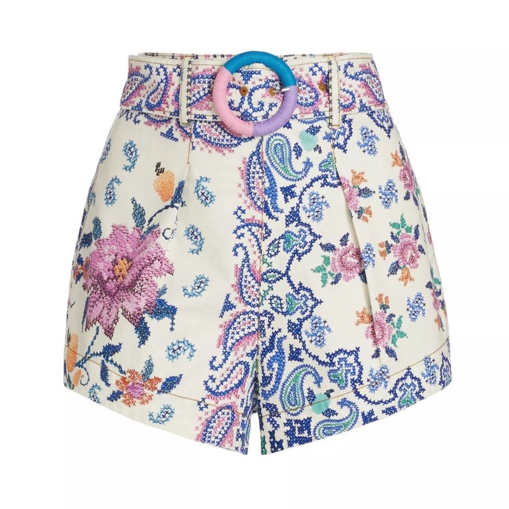 FARM Rio High Waist Floral Shorts - Cream, Pink, and Blue
